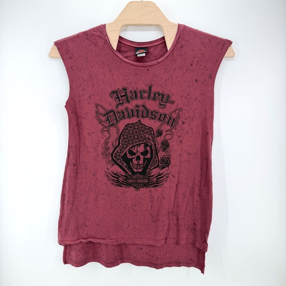 Harley-Davidson Sleeveless Top Women 2XL Burgundy Acid Wash Skull Rhinestone Y2K